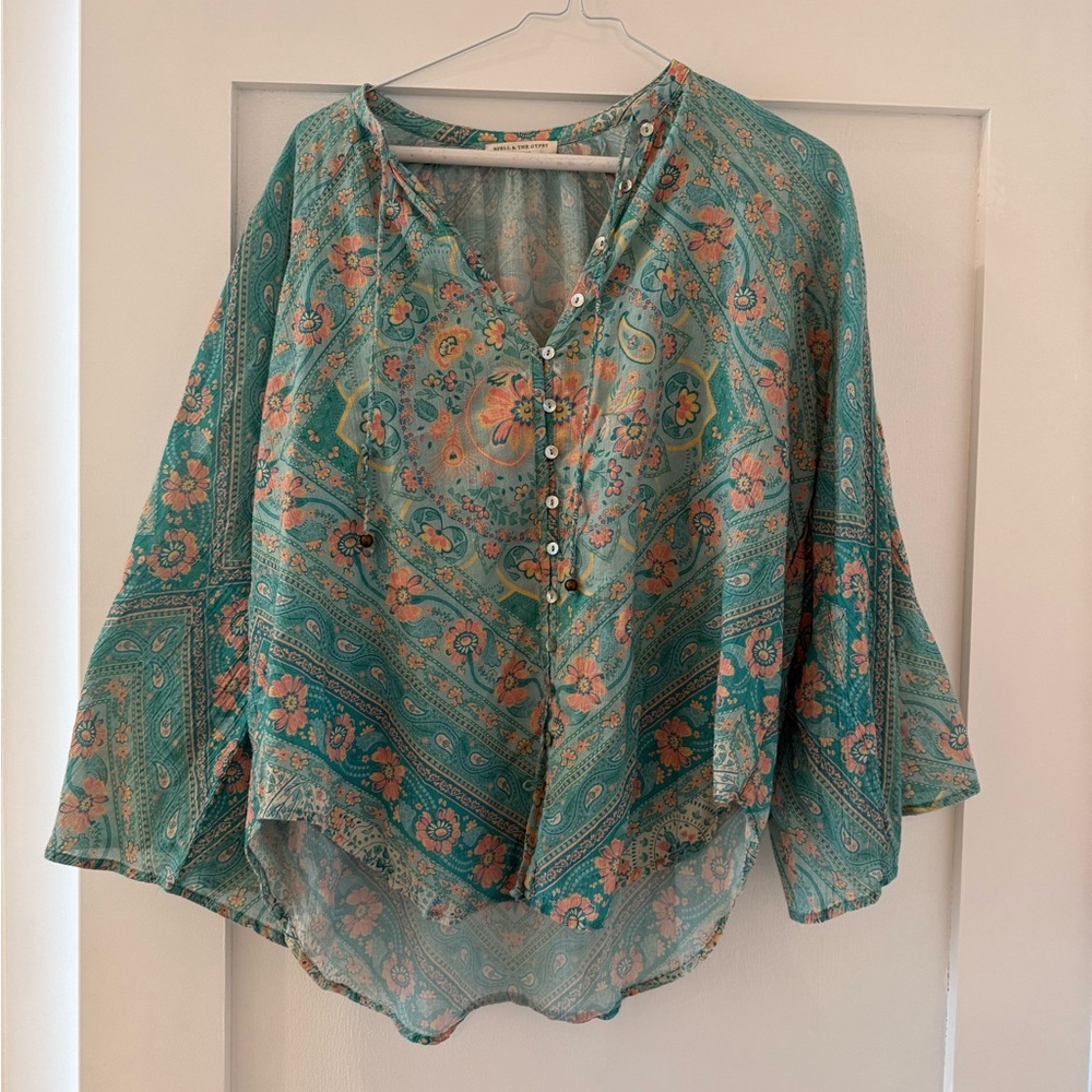 Spell Teal and Orange Floral Blouse